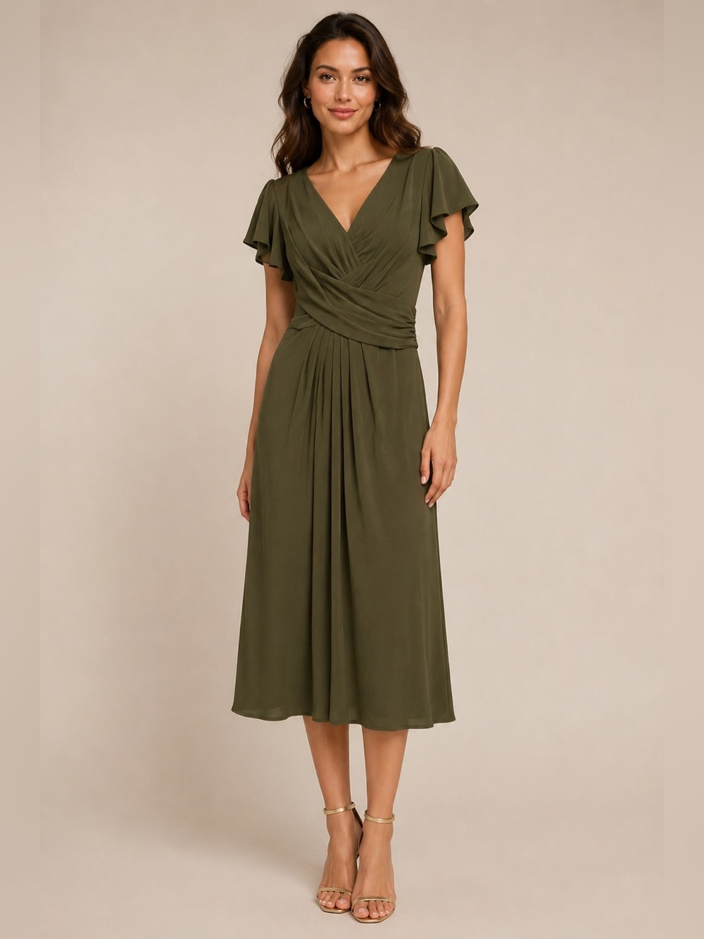 Ieena for Mac Duggal Olive green Flutter Sleeve Midi Dress Size 6 cocktail 12486